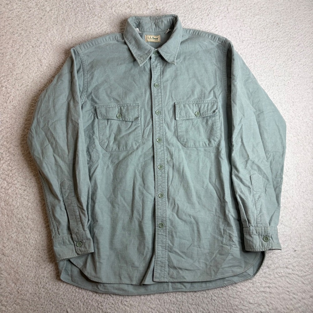 80s LL Bean Chamois Cloth Shirt Mens 17 Sage Green Cotton Flannel Button Up